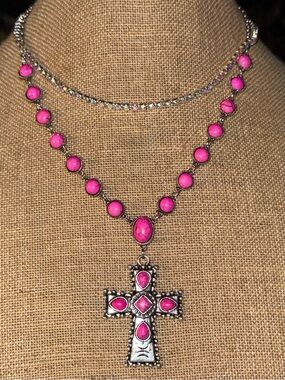 Emma 2 Layer Cross Pink Pendant AB Necklace Silver Tone NEW